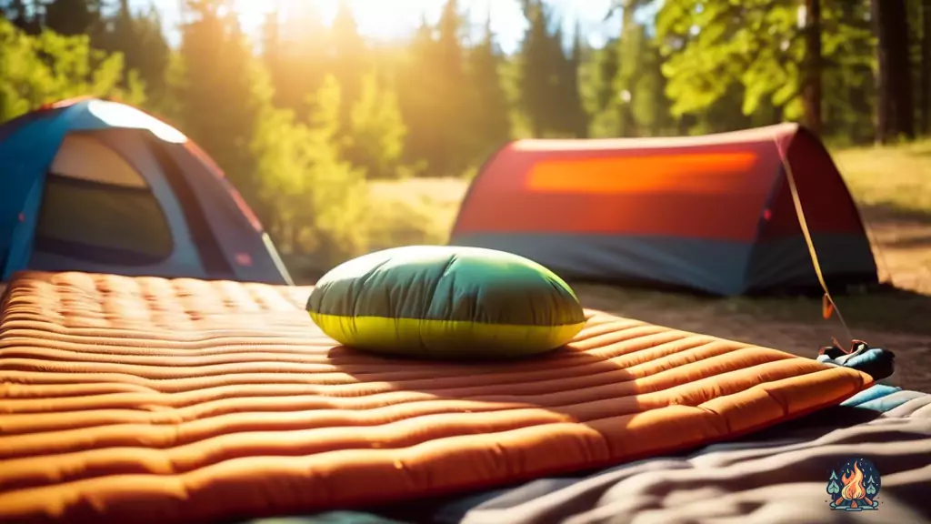 An illuminated camping sleeping pad inside a tent, basking in bright natural light and showcasing its texture and comfort for a good night's sleep