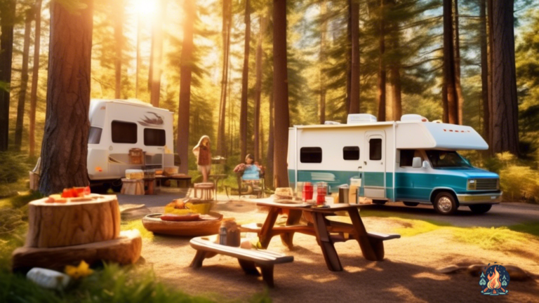 Delicious camping snack ideas for your RV adventures: S'mores, trail mix, and grilled sandwiches displayed on a sunlit picnic table in a rustic campsite.