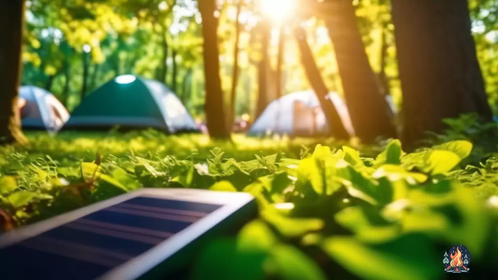 A person sitting at a lush green campsite, connecting their phone to a camping solar charger under the bright natural sunlight.