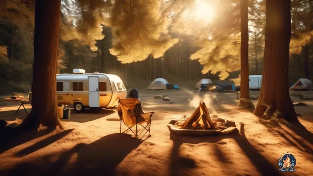 Picture-perfect campsite bathed in golden sunlight, showcasing a camper cooking a scrumptious meal on a camping stove amidst beautifully illuminated trees and intricate shadow patterns.