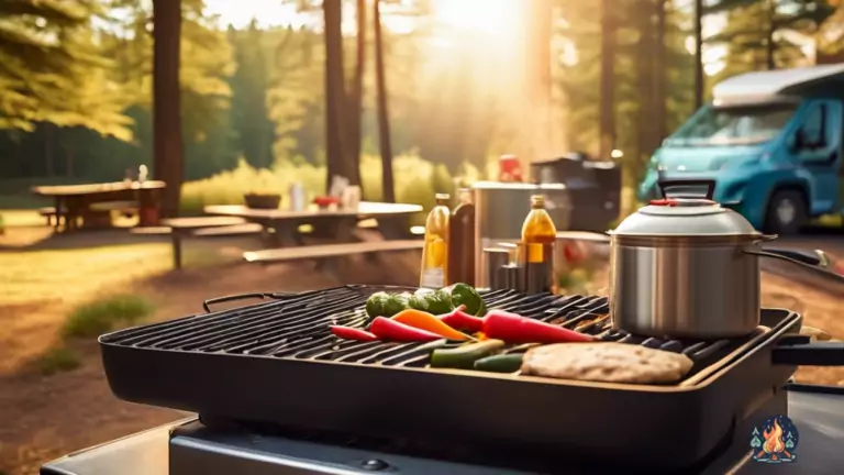 Scenic outdoor kitchen at a campsite, showcasing vibrant vegetables sizzling on a camping stove amidst bright natural light.
