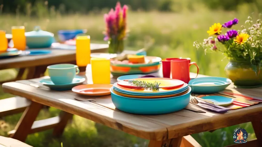 Portable camping table set up outdoors with colorful plates, utensils, and a vase of wildflowers, bathed in bright natural light for stylish dining experience