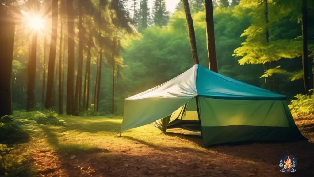 Protect your campsite with a camping tarp set up over a tent in a lush forest clearing, with sunlight streaming through the trees creating dappled shadows on the ground