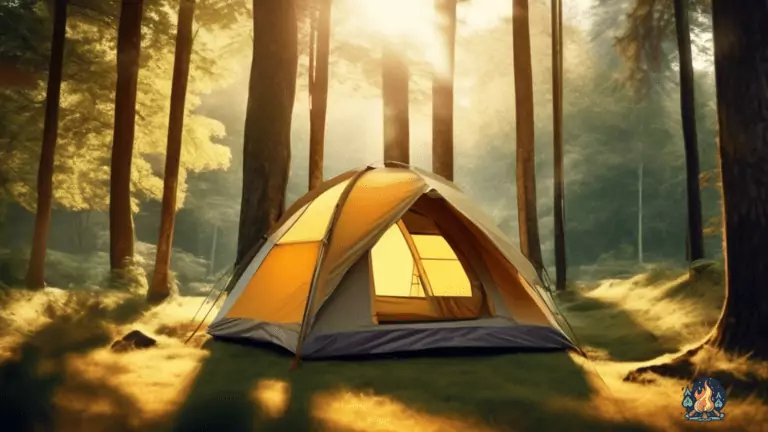 Spacious camping tent surrounded by lush forest, illuminated by morning sun, creating an inviting ambiance for a memorable camping experience.