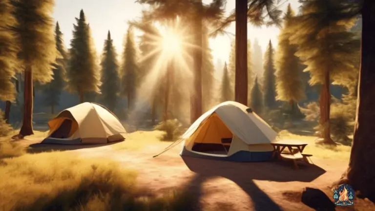 An inviting sunrise at a picturesque campground, showcasing a variety of camping tent types including dome and cabin tents, bathed in soft golden sunlight filtering through towering trees.
