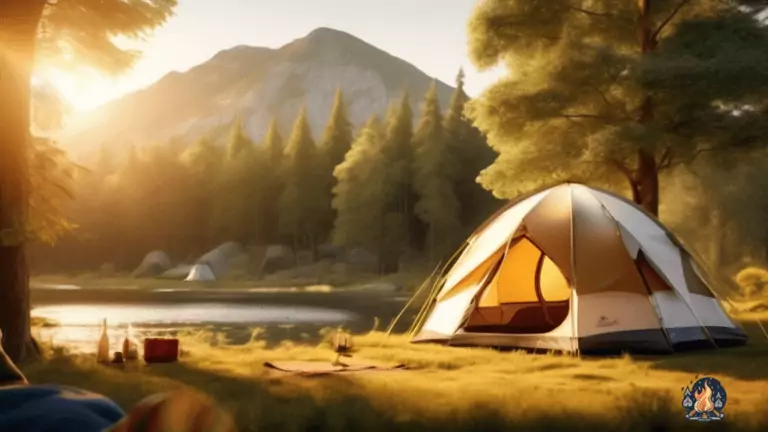 Experience the Great Outdoors: Explore a Serene Camping Site Surrounded by Lush Greenery and a Sturdy, Sunlit Tent
