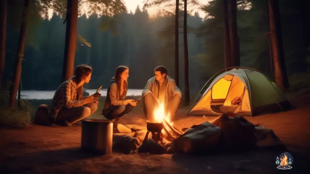 Serene camping scene at dusk, beginners pitching tents amidst a lush forest with a cozy campfire illuminating the surroundings.