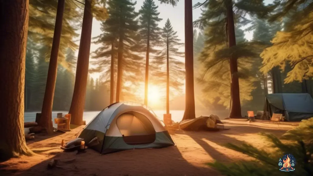 Explore the beauty of nature with these essential camping tips - a photo of a well-organized campsite surrounded by towering pine trees, basking in warm morning sunlight filtering through dense foliage.