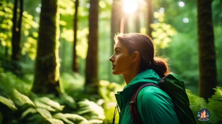 A hiker wearing a camping windbreaker in a lush forest, with sunlight streaming through the trees creating a bright, natural glow.