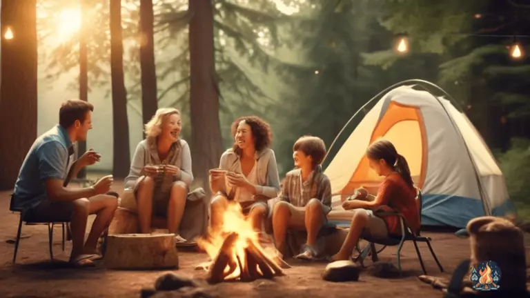 Alt text: Happy family enjoying a camping trip in the great outdoors, with children roasting marshmallows over a fire and parents relaxing in camping chairs amidst a sun-drenched campsite surrounded by towering trees.