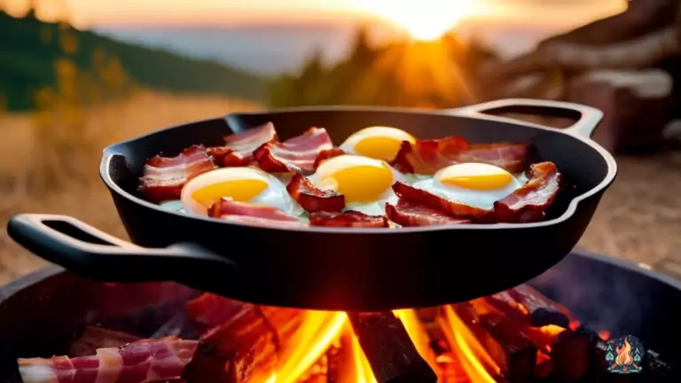 Cast iron skillet filled with sizzling bacon and eggs cooking over a campfire, bathed in warm golden sunlight
