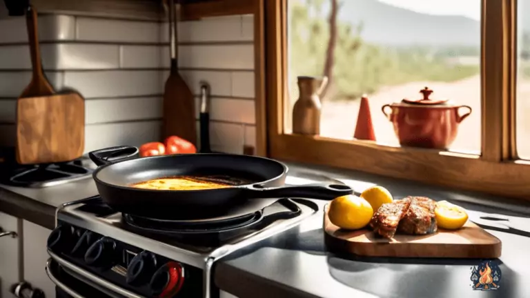 Master the art of cast iron cooking in your RV kitchen with a beautifully seasoned skillet sizzling over a gas stove, illuminated by radiant natural light.