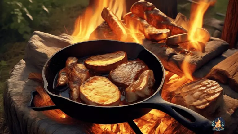 Golden sunlight illuminates a picturesque campsite as a cast iron skillet sizzles over a crackling fire. Mouthwatering aromas waft through the air, showcasing flavorful one-pan dishes for campfire cooking.