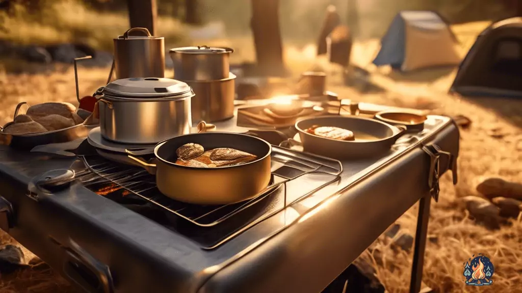 Mastering Cooking On A Camping Stove: Tips And Tricks - A campsite kitchen basking in golden sunlight, featuring a portable camping stove cooking up sizzling pans of mouthwatering food.