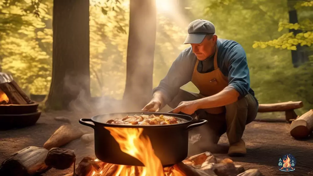 Mastering Dutch Oven Cooking: A chef stirring a simmering pot over a crackling campfire, creating delicious campfire recipes in golden sunlight filtered through leafy canopy.