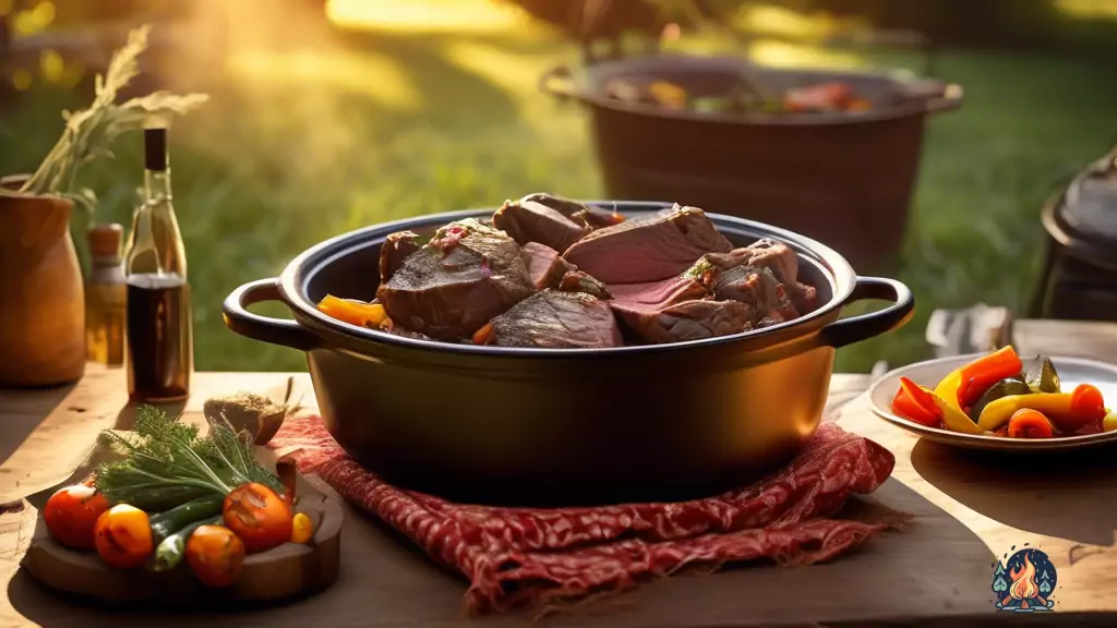 Delicious Dutch Oven Cooking: A tantalizing photo showcasing a vibrant Dutch oven filled with succulent braised beef and an assortment of colorful roasted vegetables, illuminated by warm sunlight on a rustic wooden tablecloth.