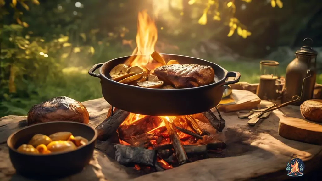Delicious Dutch Oven recipes for camping in your RV, cooking over a crackling campfire surrounded by lush greenery.