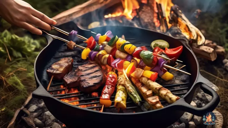 Delicious and Easy Campfire Recipes: A mouthwatering scene of outdoor cooking perfection. Skewers of vibrant veggies and juicy marinated meats sizzle on a cast-iron skillet over a crackling campfire, illuminated by a warm golden glow.