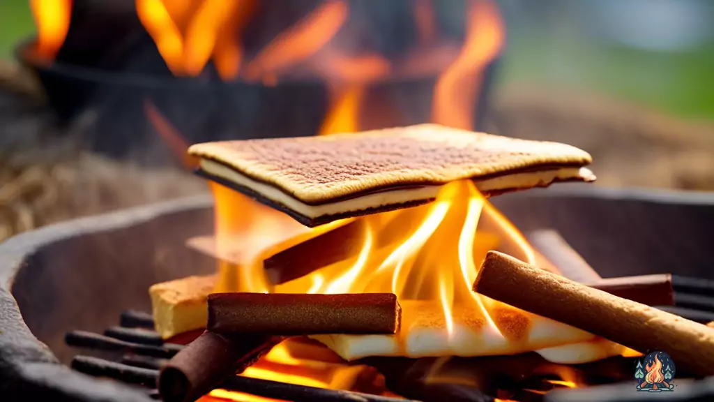 Close-up photo of a delicious s'more being roasted over a campfire, with golden marshmallows and melted chocolate glistening in the warm natural light