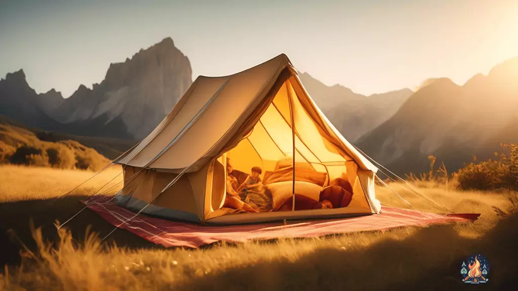 An inviting and spacious family tent illuminated by golden sunlight, nestled in a picturesque landscape, serves as a gateway to our comprehensive guide on selecting the perfect family tent.