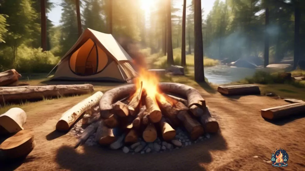 Discover Fire Ring Safety: A well-maintained fire ring surrounded by logs and safety equipment at a serene campsite, bathed in bright natural light.
