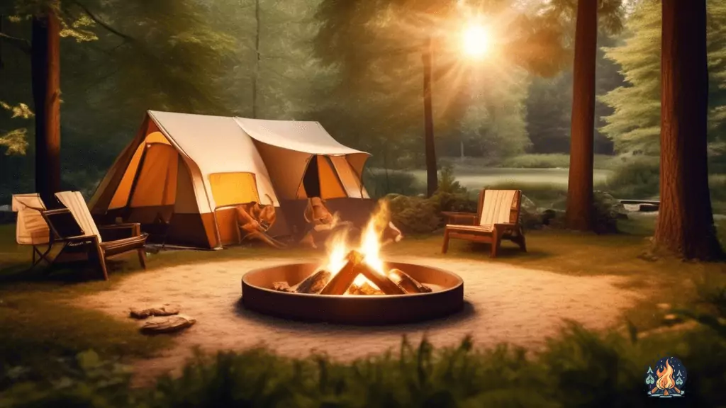 Serene campsite with a carefully built fire pit surrounded by lush greenery, illuminating attentive campers with a warm glow - essential fire safety rules for campfires.