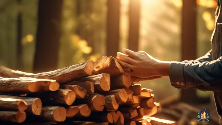 Safe handling of dry firewood for campfires: A pair of hands gently cradling a stack of firewood, illuminated by golden sunlight filtering through a lush forest canopy.