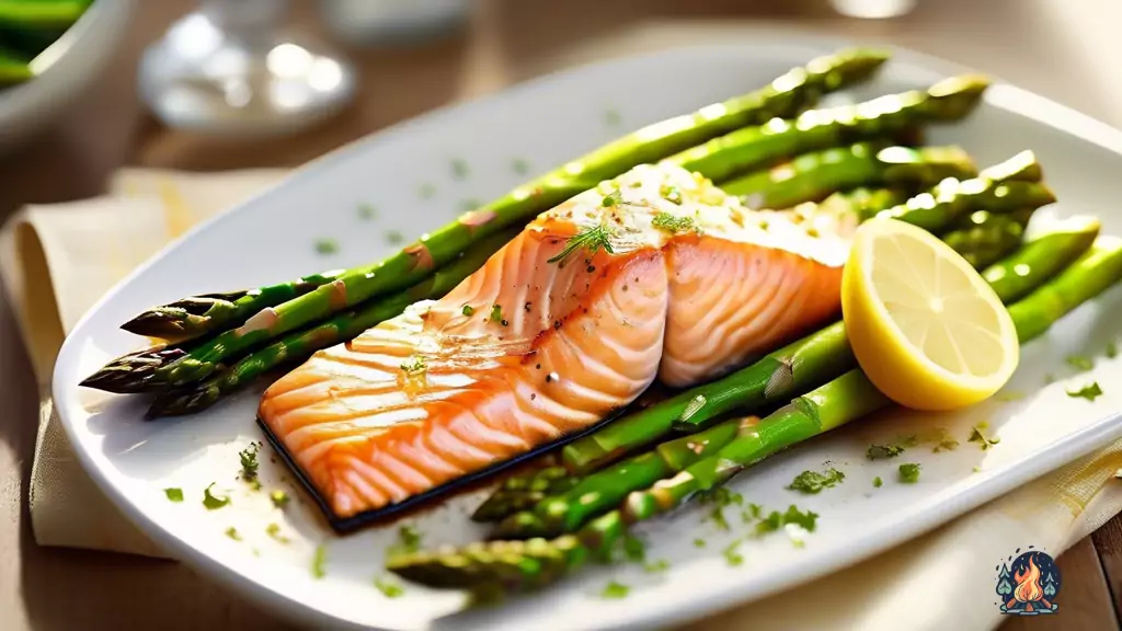 Delicious and Easy Foil Packet Cooking: A tantalizing image of a perfectly seasoned salmon fillet on a bed of vibrant asparagus, surrounded by lemon slices, all glistening under the radiant glow of bright natural light.