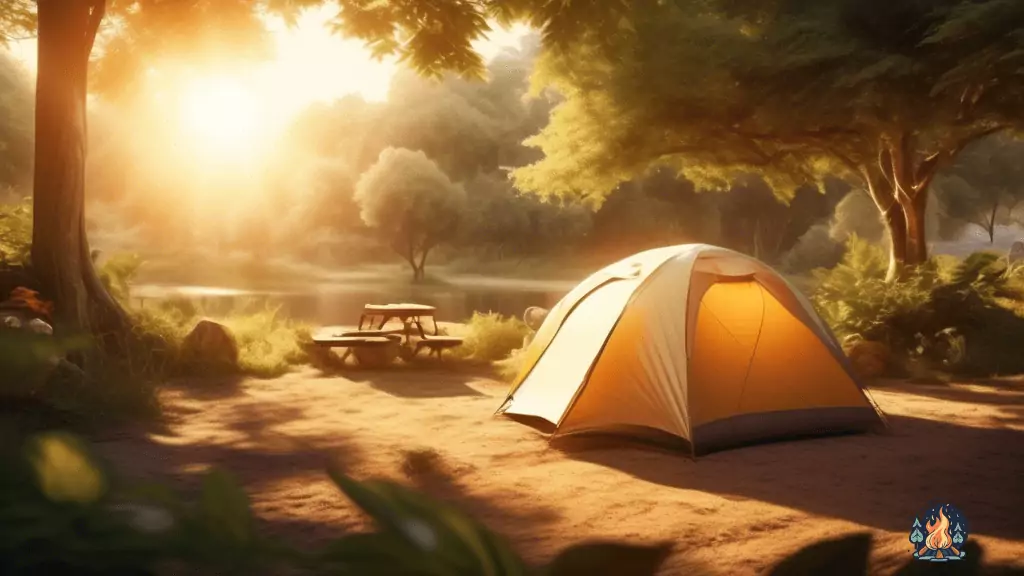 Experience the joy of free camping in a serene and secluded campsite surrounded by vibrant greenery, basking in the golden glow of a breathtaking sunrise.