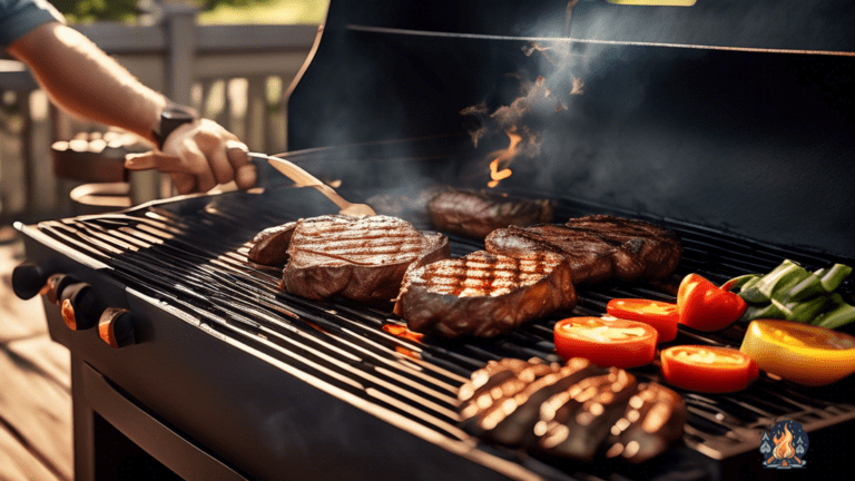 Grilling Tips: Expert grillmaster skillfully cooks sizzling meats and vegetables under the golden glow of the sun, with wisps of smoke adding to the mastery of outdoor grilling.