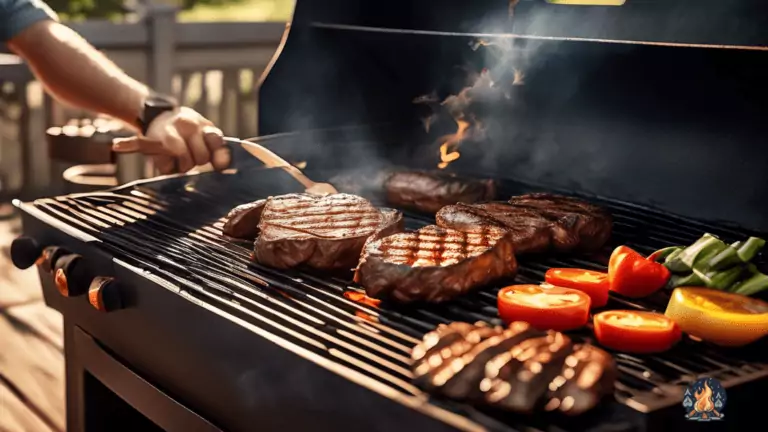 Grilling Tips: Expert grillmaster skillfully cooks sizzling meats and vegetables under the golden glow of the sun, with wisps of smoke adding to the mastery of outdoor grilling.