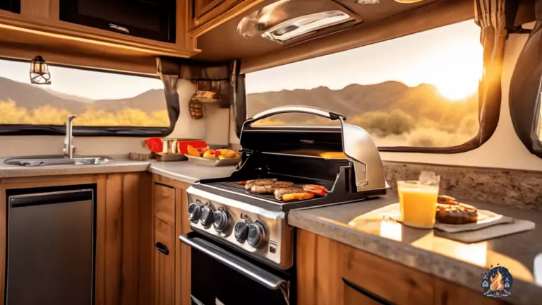 Grilling Tips and Techniques: Expert RVer tending to perfectly seared burgers on a golden sunlight-drenched outdoor kitchen in an RV.