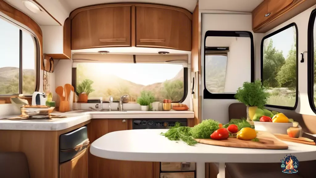Delicious and healthy RV recipe featuring a vibrant plate of energizing food in a sunlit kitchenette, with fresh herbs and nutritious ingredients.