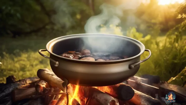 Alt Text: One-pot camping meal cooking on a campfire with lush greenery in the background