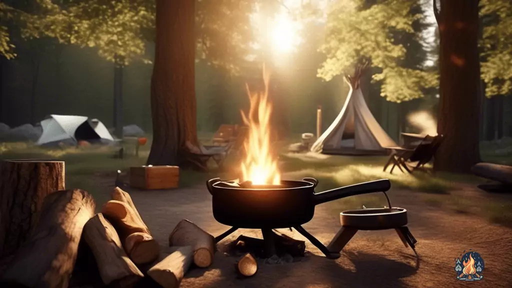 Effortless One-Pot Camping Meals: Rustic campfire cooking with a bubbling cast iron pot suspended over it, surrounded by picturesque wilderness and illuminated by warm sunlight.