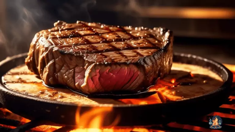 Delicious grilled steak sizzling over an open flame, basking in golden sunlight and casting captivating shadows, perfect for open fire cooking enthusiasts.