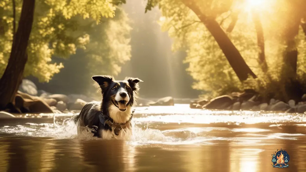 Happy dog enjoying a refreshing splash in a pet-friendly RV park's pristine river under the warm sunlight.