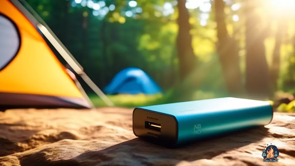 A portable power bank charging devices in a sunlit camping tent, with rays of bright natural light streaming through the mesh window. Stay charged on your camping trip with this handy gadget.
