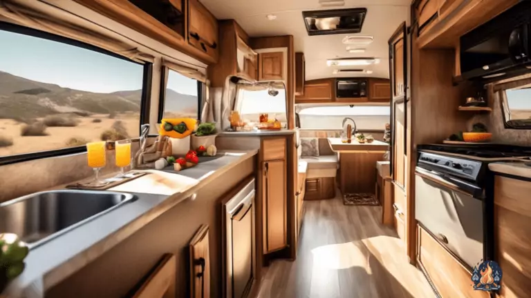 Quick and Easy RV Dinner Ideas: A cozy RV kitchen bathed in warm sunlight, showcasing mouthwatering meals being prepared with ease. Fresh ingredients and an inviting atmosphere promise flavorful, hassle-free dinners on the road.
