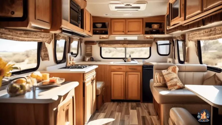 Delicious and Easy RV Lunch Ideas - Bright and inviting scene inside an RV kitchen flooded with warm sunlight, showcasing a spread of scrumptious, beautifully plated lunch options for quick and convenient meal prep.