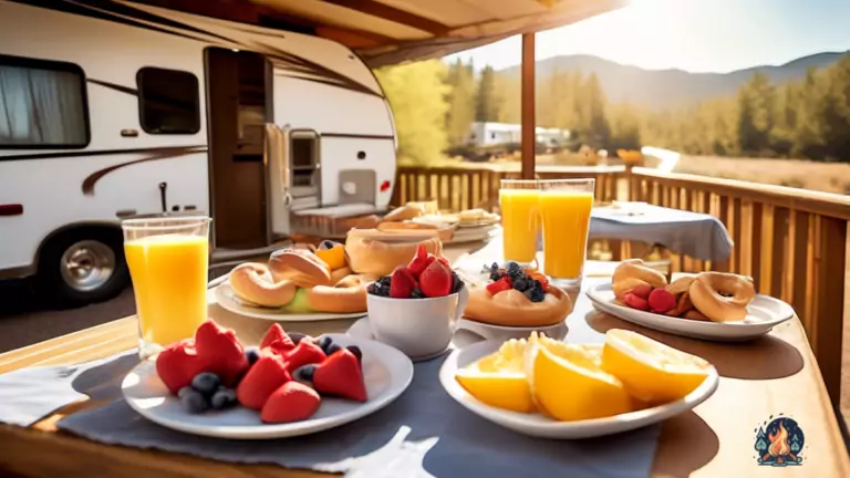Scrumptious RV Breakfast Spread: Toasted bagels, fresh fruit platters, and steaming mugs of coffee adorning a sunlit outdoor dining area in an RV campground.