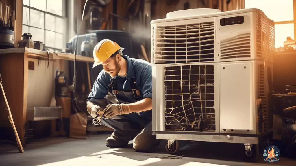Expert technician skillfully repairing an RV air conditioner amidst a flood of natural light and surrounded by essential tools and equipment.