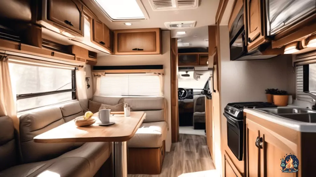 RV interior with bright natural light showcasing a person troubleshooting the air conditioning system, inspecting filters, vents, and thermostat to resolve common issues faced with RV air conditioning.