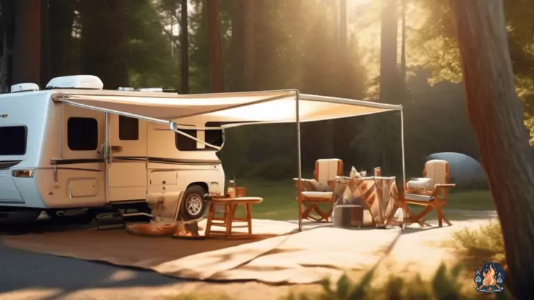 Mastering RV Awning Setup: Tips For Beginners - A sunlit campground scene showcasing a perfectly pitched RV awning casting a cool shadow over a cozy outdoor seating area.
