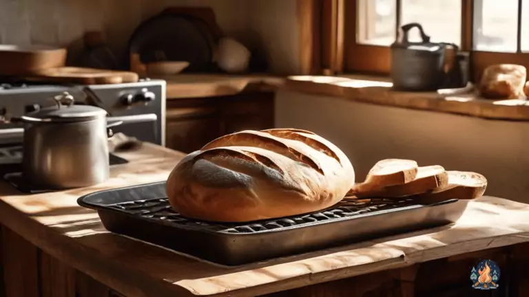 Alt text: A beautifully lit RV kitchen counter with a rustic cast iron skillet and a freshly baked loaf of bread cooling on a wire rack, showcasing the art of RV baking.
