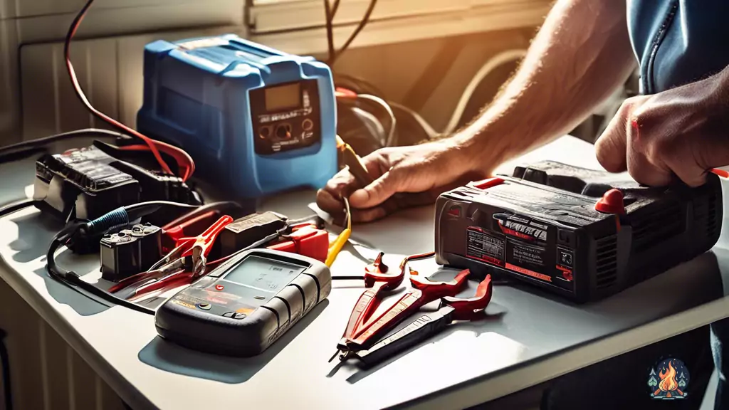 Expert technician testing RV battery voltage using a multimeter in a sunlit scene, surrounded by essential tools like a battery charger, distilled water, and a battery terminal cleaner for effective RV battery maintenance.