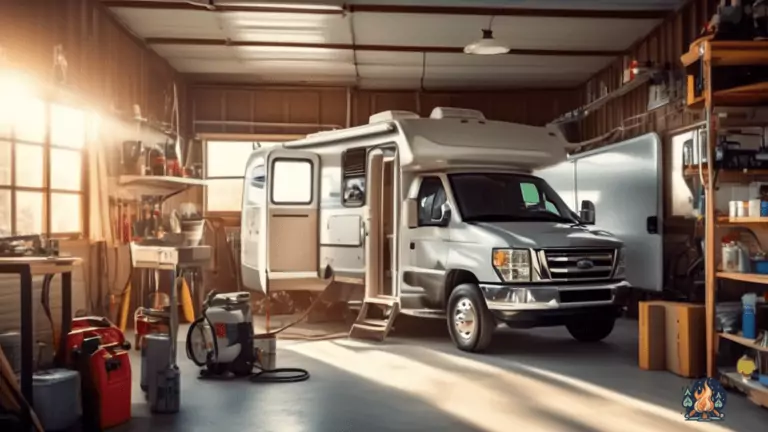 Beginner-friendly RV battery maintenance routine in a well-lit garage. A person checks fluid levels, cleans terminals, and uses a multimeter under bright natural light.