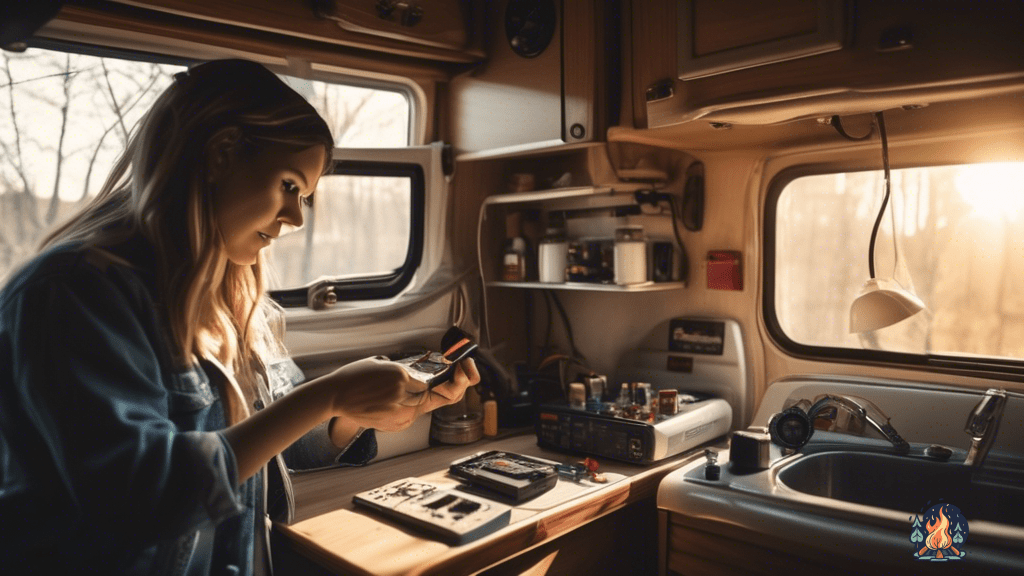 RV owner troubleshooting the battery terminals using a multimeter in a dimly lit interior, with sunlight streaming through a nearby window.