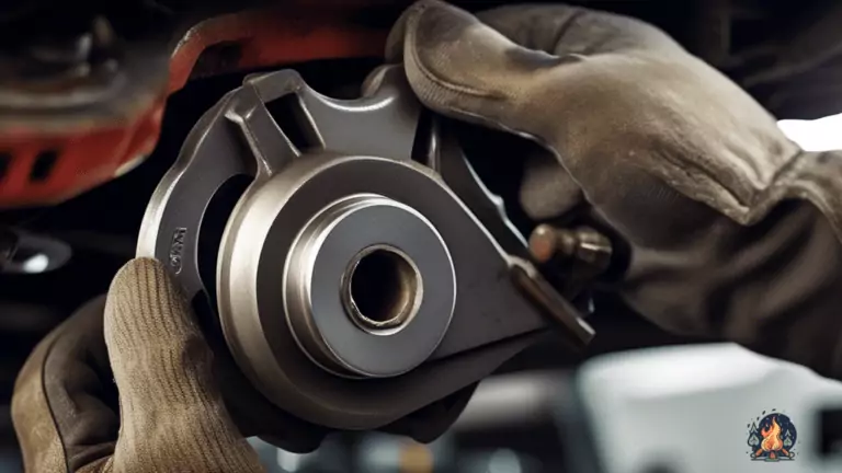 Expert mechanic maintaining RV brakes with a firm grip on the brake caliper, showcasing intricate brake pad and rotor mechanism under bright natural light.
