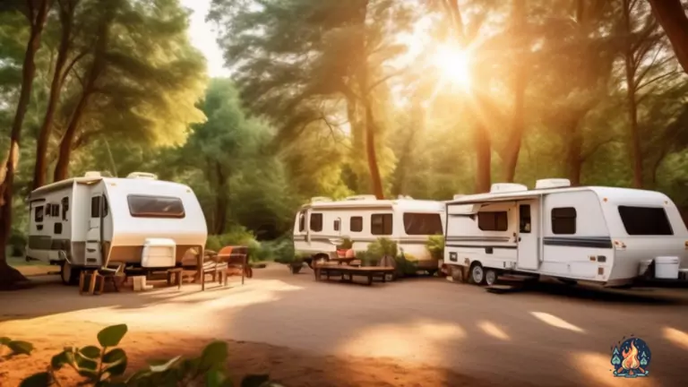 An inviting sun-kissed campground with a variety of RVs in different sizes and styles amidst lush greenery, perfect for your ultimate RV buying guide.